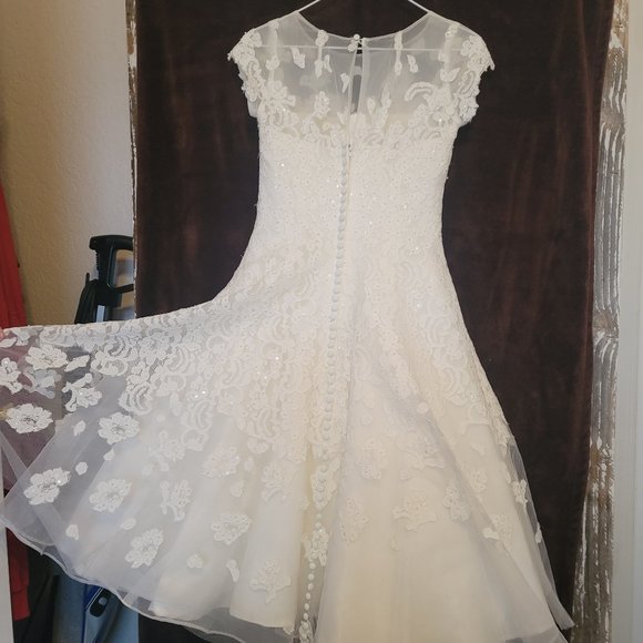 Oleg Cassini cap sleeve illusion wedding dress STYLE# CMK513 - Picture 2 of 11